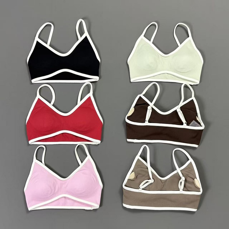 Yoga Daily Fitness - 女性用コントラストラインヨガブラ Vネック ホワイトエッジ 薄型ストラップ ワイヤーフリー パッド入りスポーツブラ