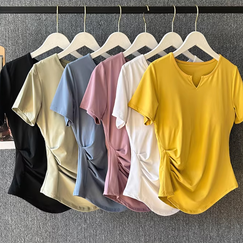 Yoga Fitness Wear - 女性用ヨガウェア 夏用ピラティストレーニングフィットネストップ 高級スポーツランニングセット 半袖速乾Tシャツ