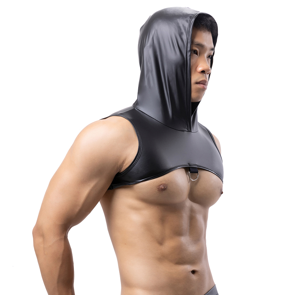 Gymnastics Rings - 男性フェイクレザーフード付きフィットネスタンクトップ胸ハーネスパーカークロップトップス黒筋肉ベスト金属リング装飾ノースリーブ